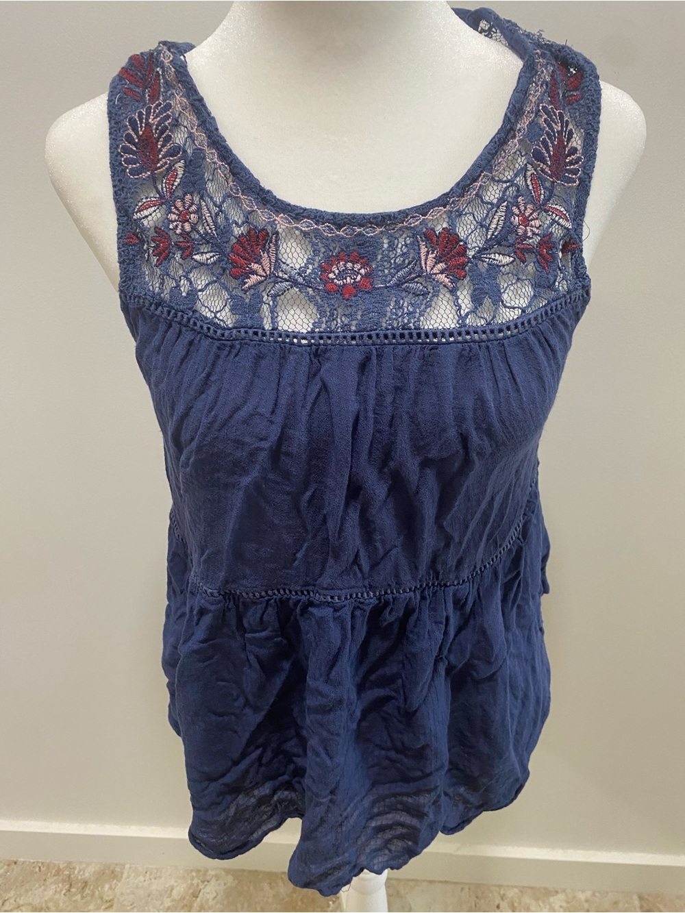 Women’s Navy Blue Embroidered Lace Tank Top